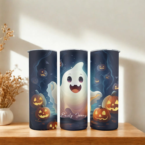 Three Ghosts Personalized 20oz Skinny Tumblers with cute smiling ghosts, glowing jack-o’-lanterns, and falling leaves—perfect as a custom Halloween gift or personalized cup.