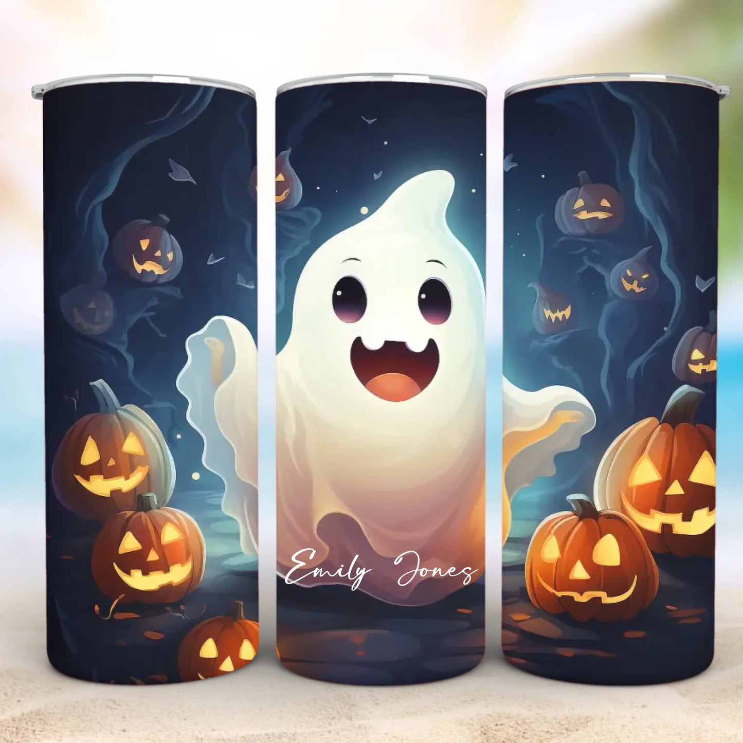 The Ghosts Personalized 20oz Skinny Tumbler – Halloween Cup features cheerful ghosts, jack-o’-lanterns, and dark trees. Customize with any name for a fun Halloween gift that adds festive spirit to any celebration.