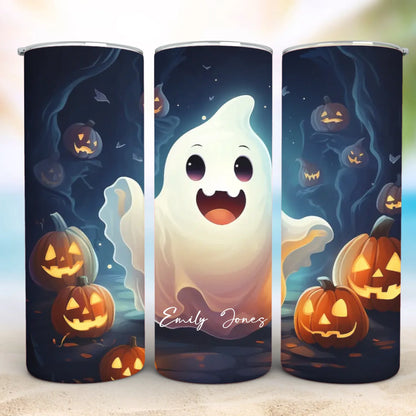 The Ghosts Personalized 20oz Skinny Tumbler – Halloween Cup features cheerful ghosts, jack-o’-lanterns, and dark trees. Customize with any name for a fun Halloween gift that adds festive spirit to any celebration.