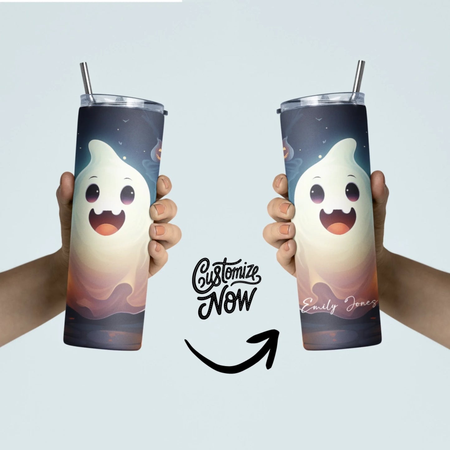 Two hands hold Halloween tumblers with cute ghost designs. The right tumbler is a Ghost Personalized 20oz Skinny Tumbler – Halloween Cup – Custom Name, featuring "Emily Jones." "Customize Now" and an arrow highlight the personalization option.