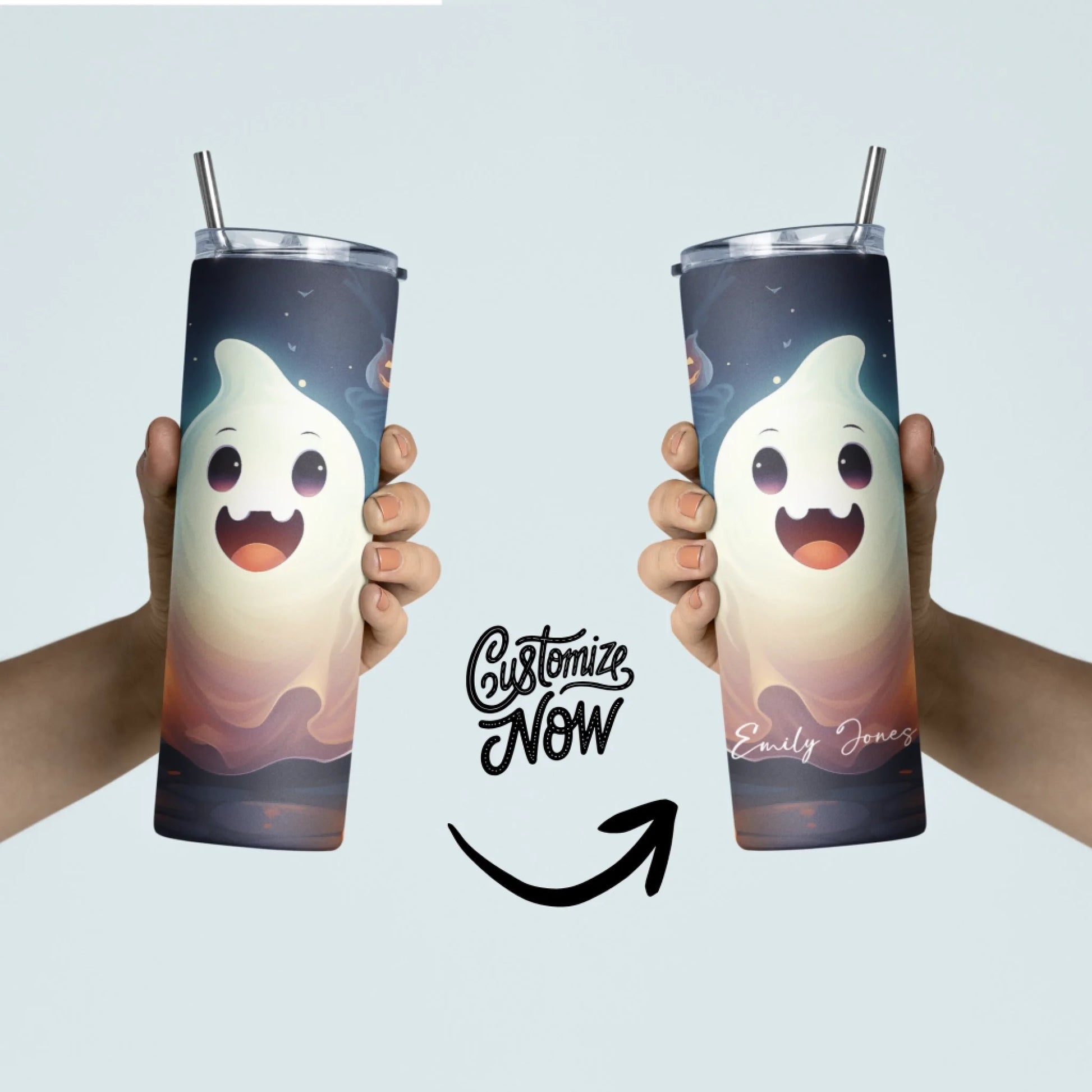 Two hands hold Halloween tumblers with cute ghost designs. The right tumbler is a Ghost Personalized 20oz Skinny Tumbler – Halloween Cup – Custom Name, featuring "Emily Jones." "Customize Now" and an arrow highlight the personalization option.