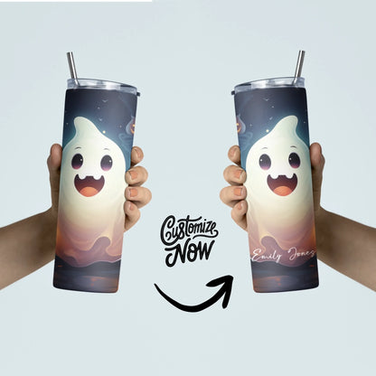 Two hands hold Halloween tumblers with cute ghost designs. The right tumbler is a Ghost Personalized 20oz Skinny Tumbler – Halloween Cup – Custom Name, featuring "Emily Jones." "Customize Now" and an arrow highlight the personalization option.