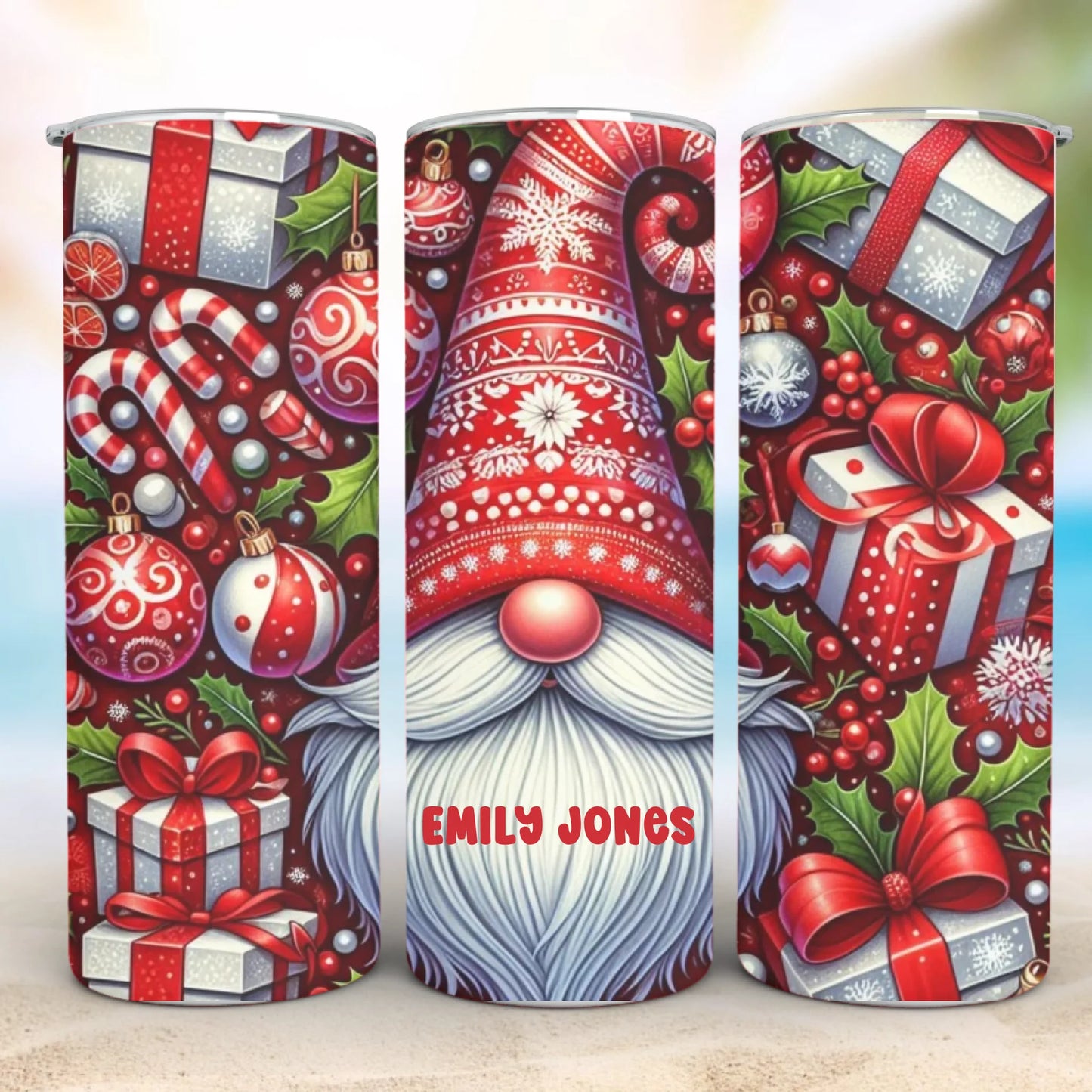 Personalized 20oz skinny tumbler – Christmas gnome | variant display | custom name available, dishwasher safe, double-wa