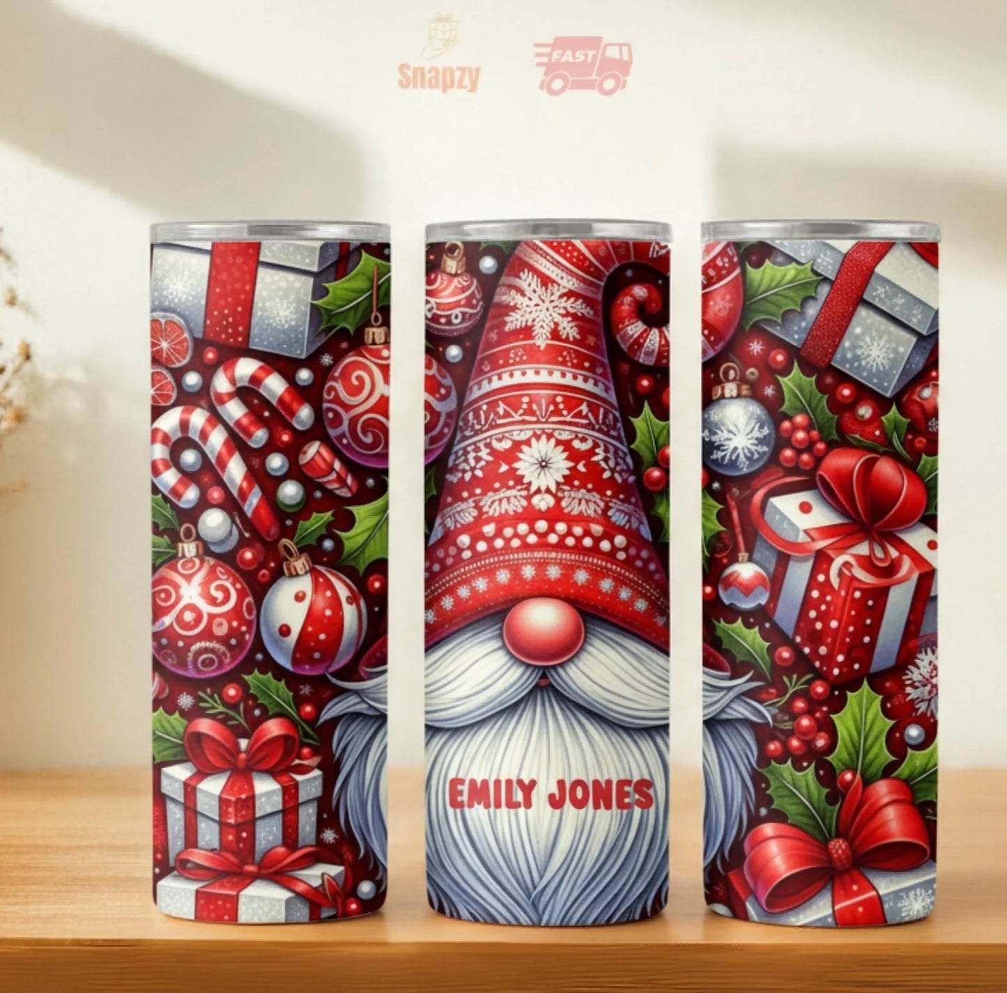 Personalized 20oz skinny tumbler – Christmas gnome | hero view | custom name available, dishwasher safe, double-wall sta