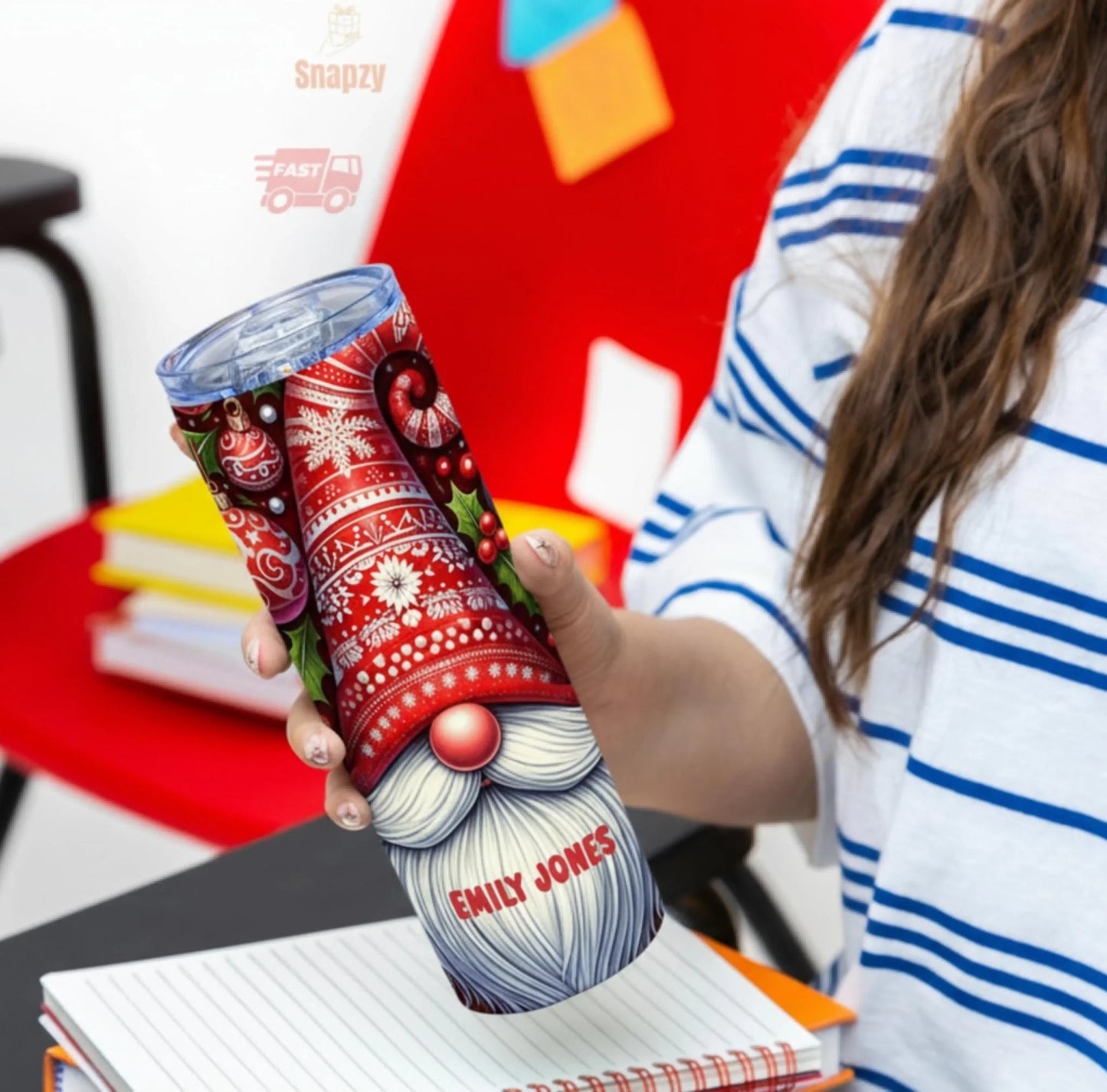 Personalized 20oz skinny tumbler – Christmas gnome | detail view | custom name available, dishwasher safe, double-wall s