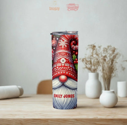 Personalized 20oz skinny tumbler – Christmas gnome | lifestyle scene | custom name available, dishwasher safe, double-wa
