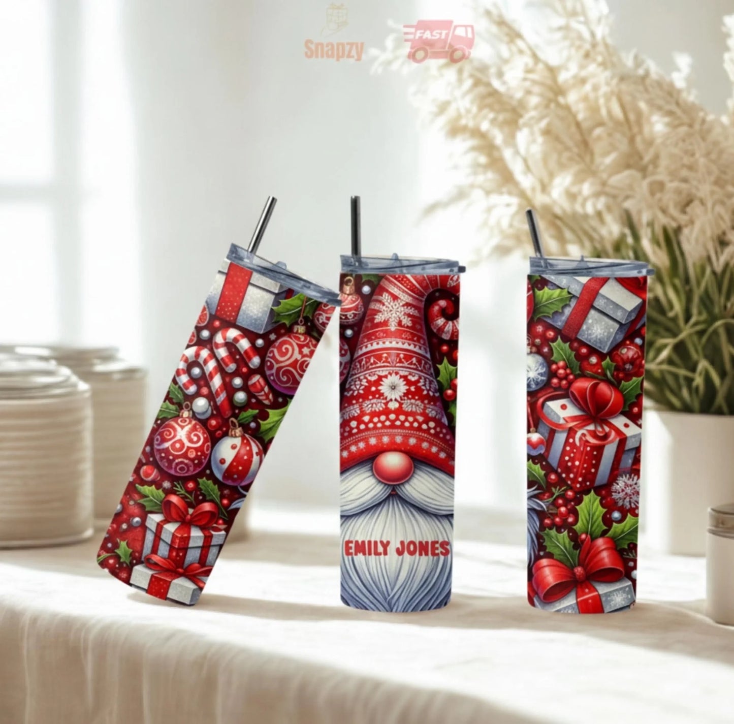 Personalized 20oz skinny tumbler – Christmas gnome | personalization example | custom name available, dishwasher safe, d