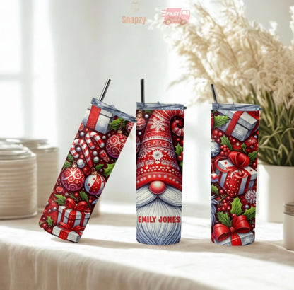 Personalized 20oz skinny tumbler – Christmas gnome | personalization example | custom name available, dishwasher safe, d