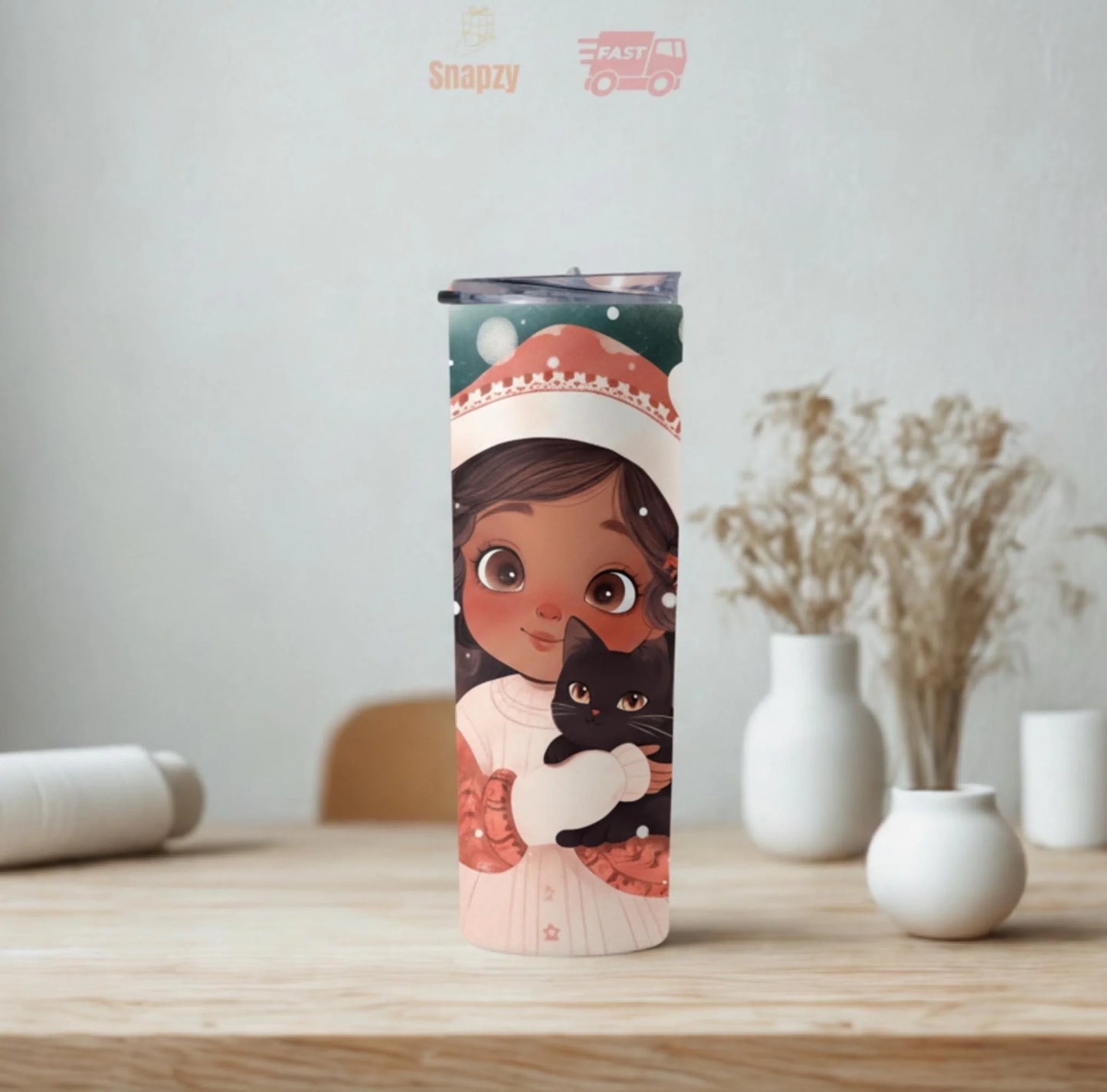 Personalized 20oz skinny tumbler – Christmas | lifestyle scene | custom name available, dishwasher safe, double-wall sta