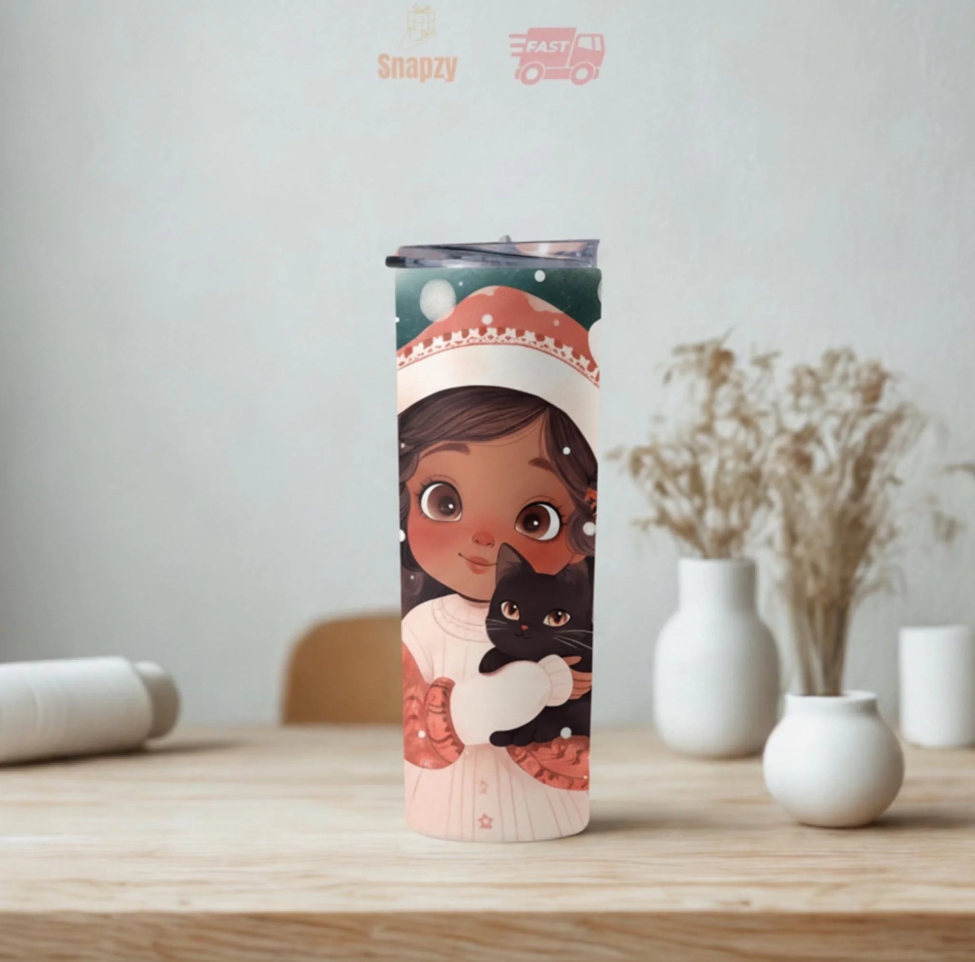 Personalized 20oz skinny tumbler – Christmas | lifestyle scene | custom name available, dishwasher safe, double-wall sta