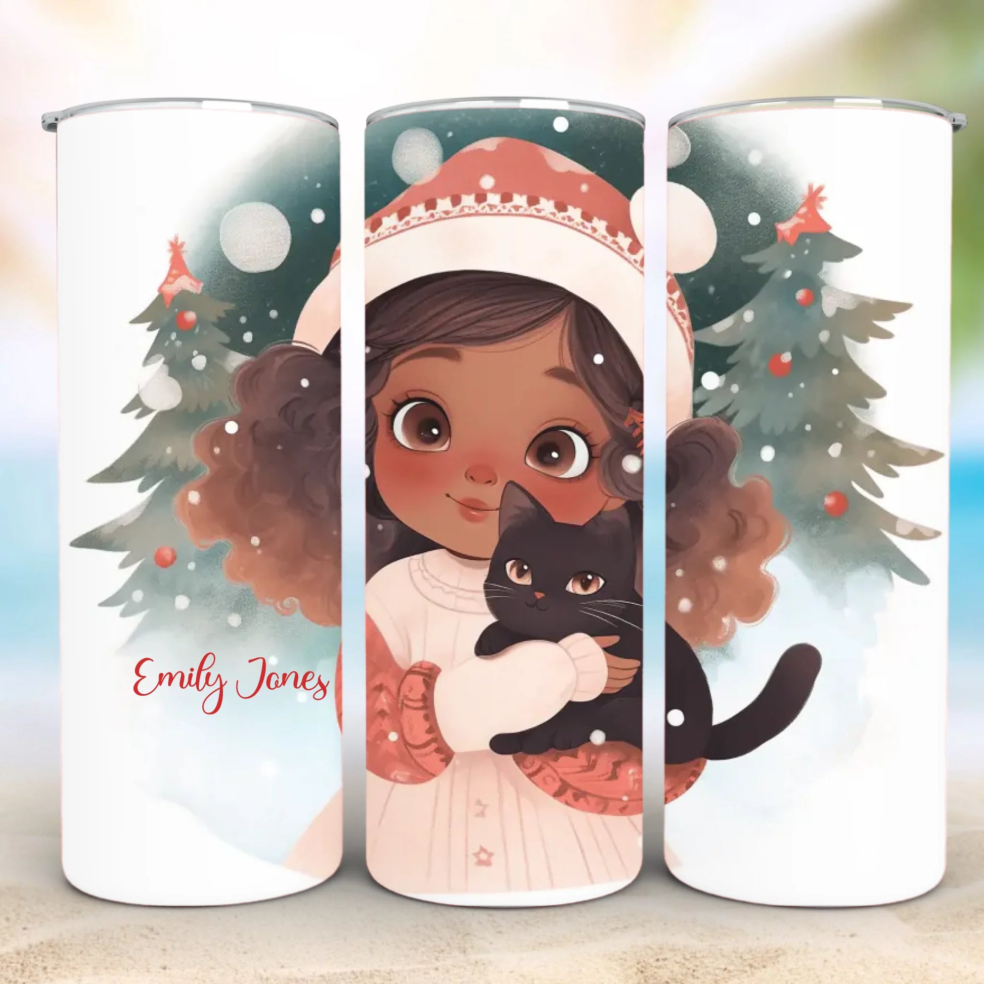 Personalized 20oz skinny tumbler – Christmas | detail view | custom name available, dishwasher safe, double-wall stainle