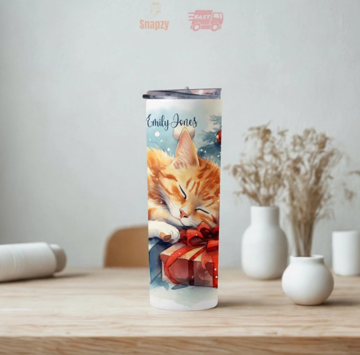 Personalized 20oz skinny tumbler – Christmas | lifestyle scene | custom name available, dishwasher safe, double-wall sta