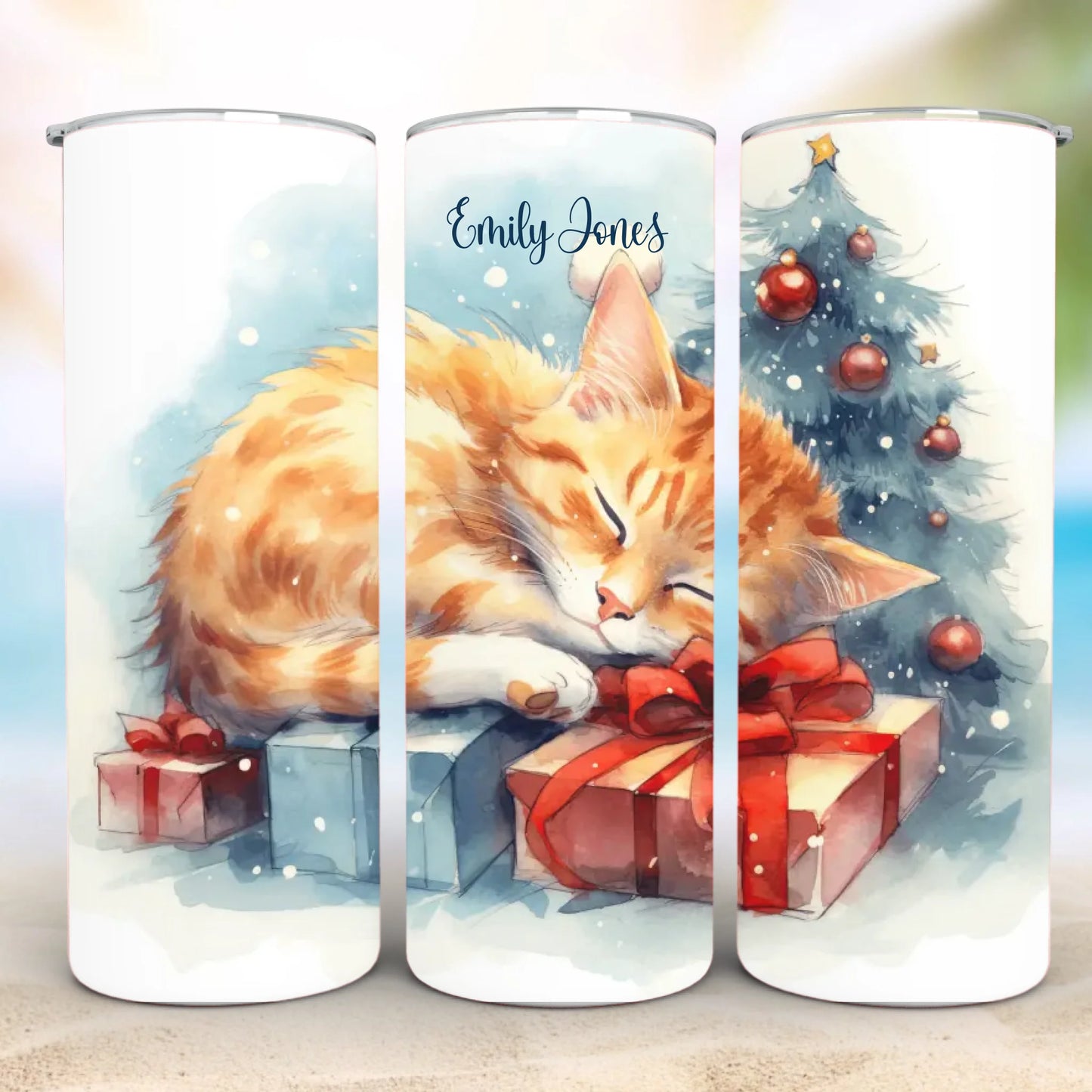 Personalized 20oz skinny tumbler – Christmas | detail view | custom name available, dishwasher safe, double-wall stainle