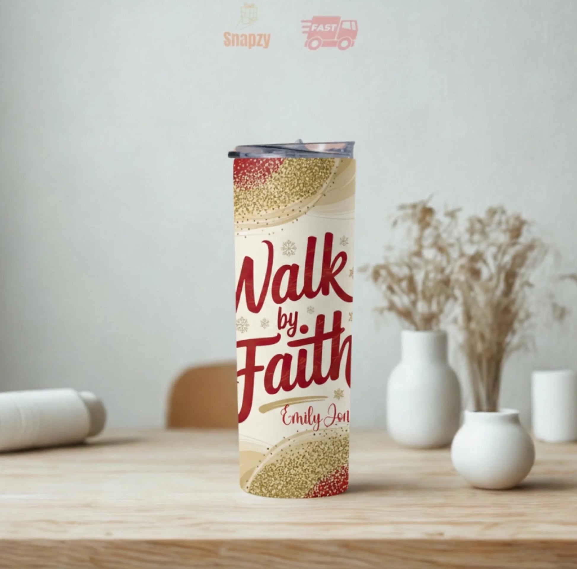 Personalized 20oz skinny tumbler – Christmas | lifestyle scene | custom name available, dishwasher safe, double-wall sta