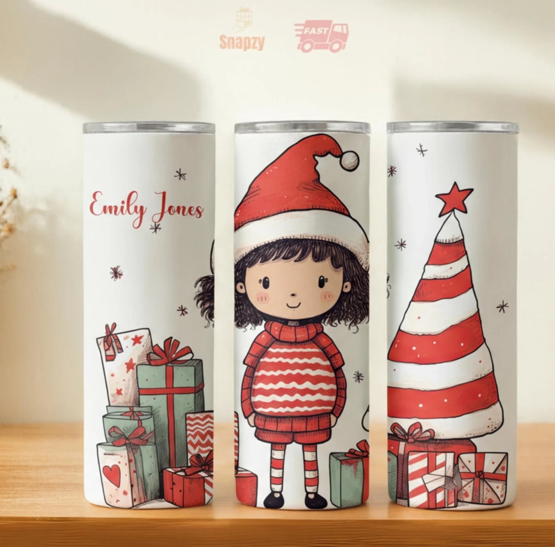 Personalized 20oz skinny tumbler – Christmas | hero view | custom name available, dishwasher safe, double-wall stainless