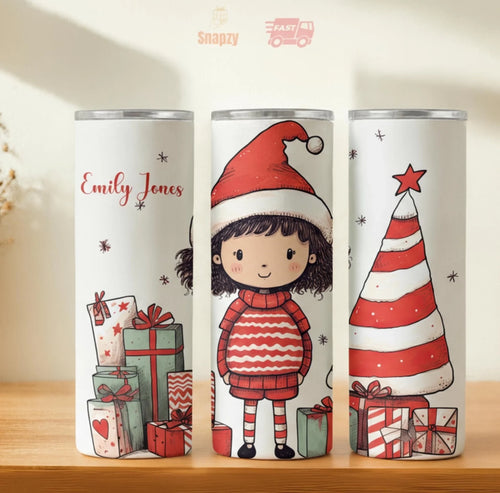Personalized 20oz skinny tumbler – Christmas | hero view | custom name available, dishwasher safe, double-wall stainless