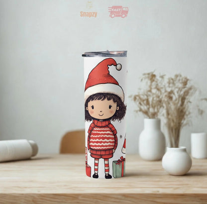 Personalized 20oz skinny tumbler – Christmas | lifestyle scene | custom name available, dishwasher safe, double-wall sta