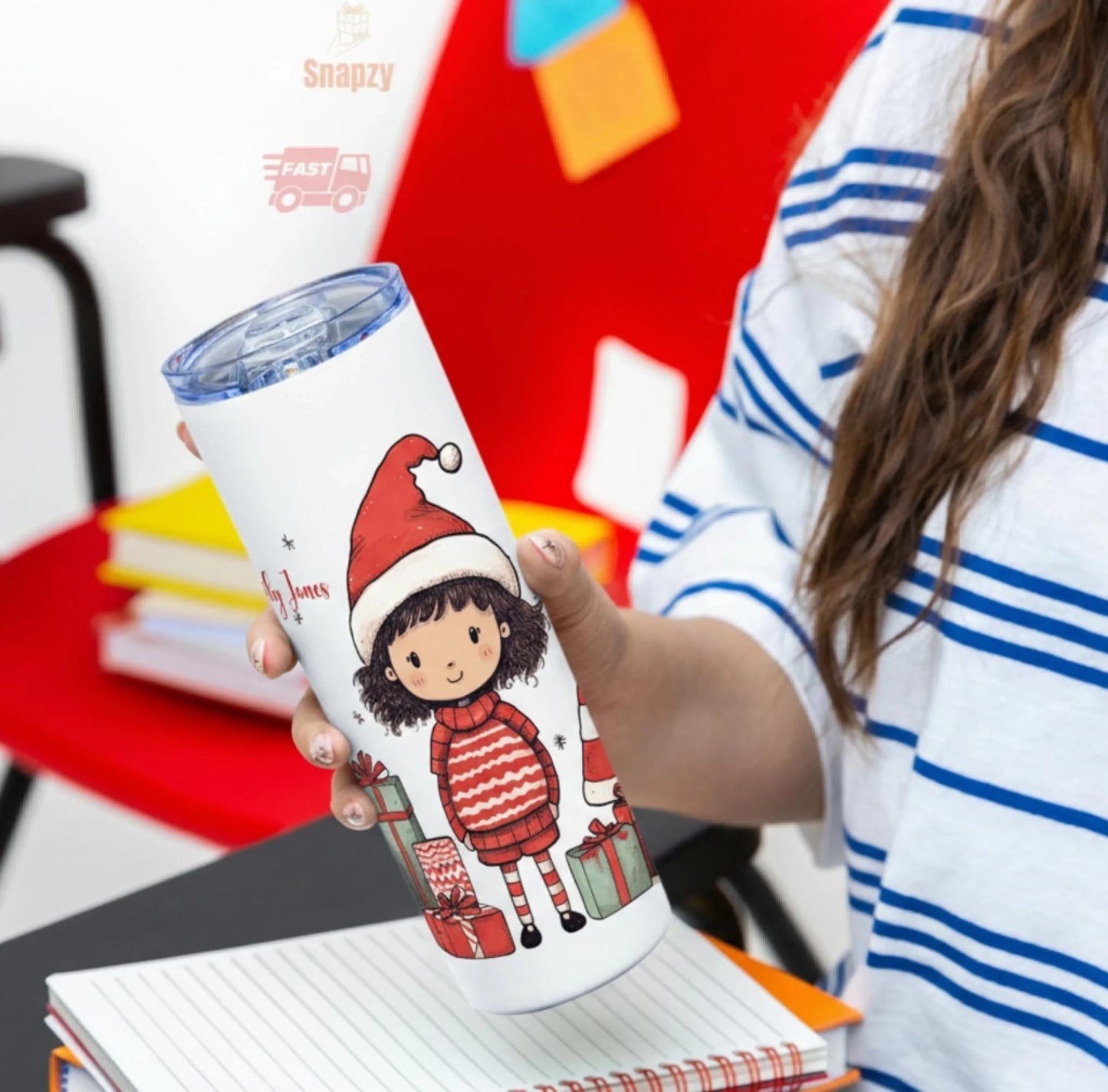 Personalized 20oz skinny tumbler – Christmas | detail view | custom name available, dishwasher safe, double-wall stainle