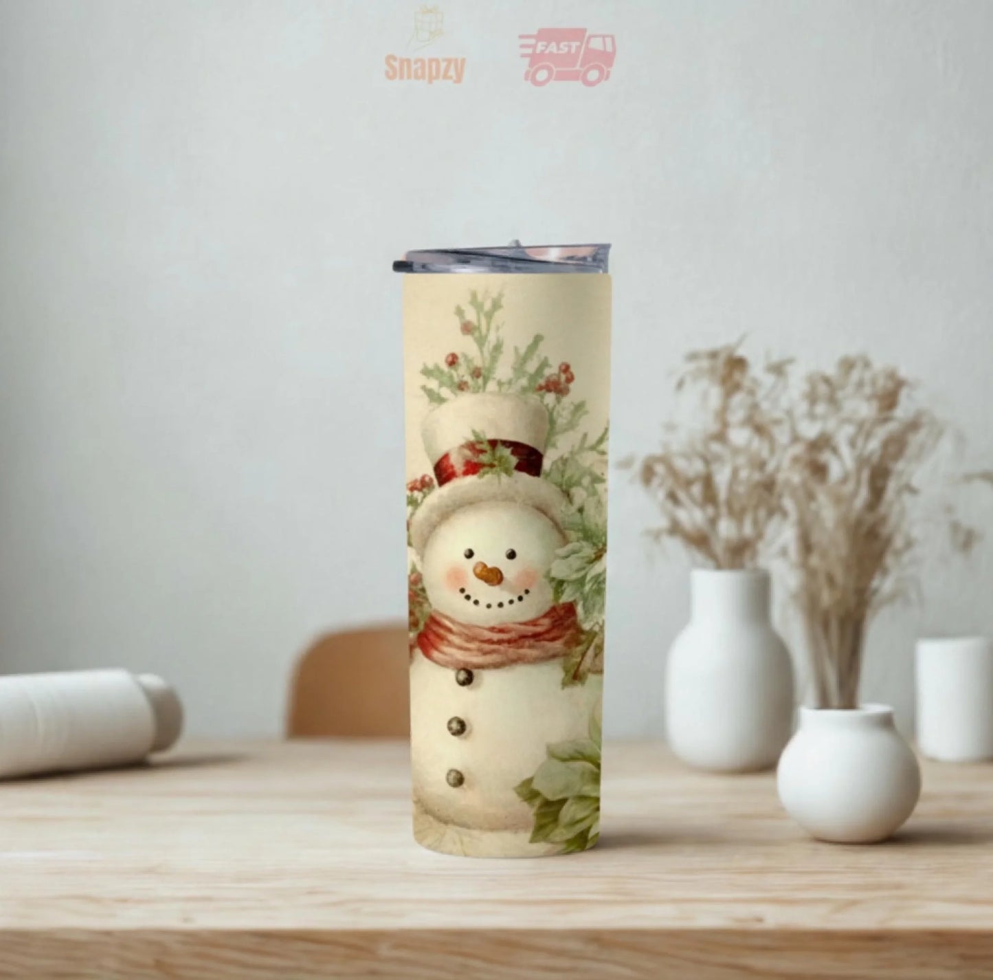 Personalized 20oz skinny tumbler – Christmas | lifestyle scene | custom name available, dishwasher safe, double-wall sta