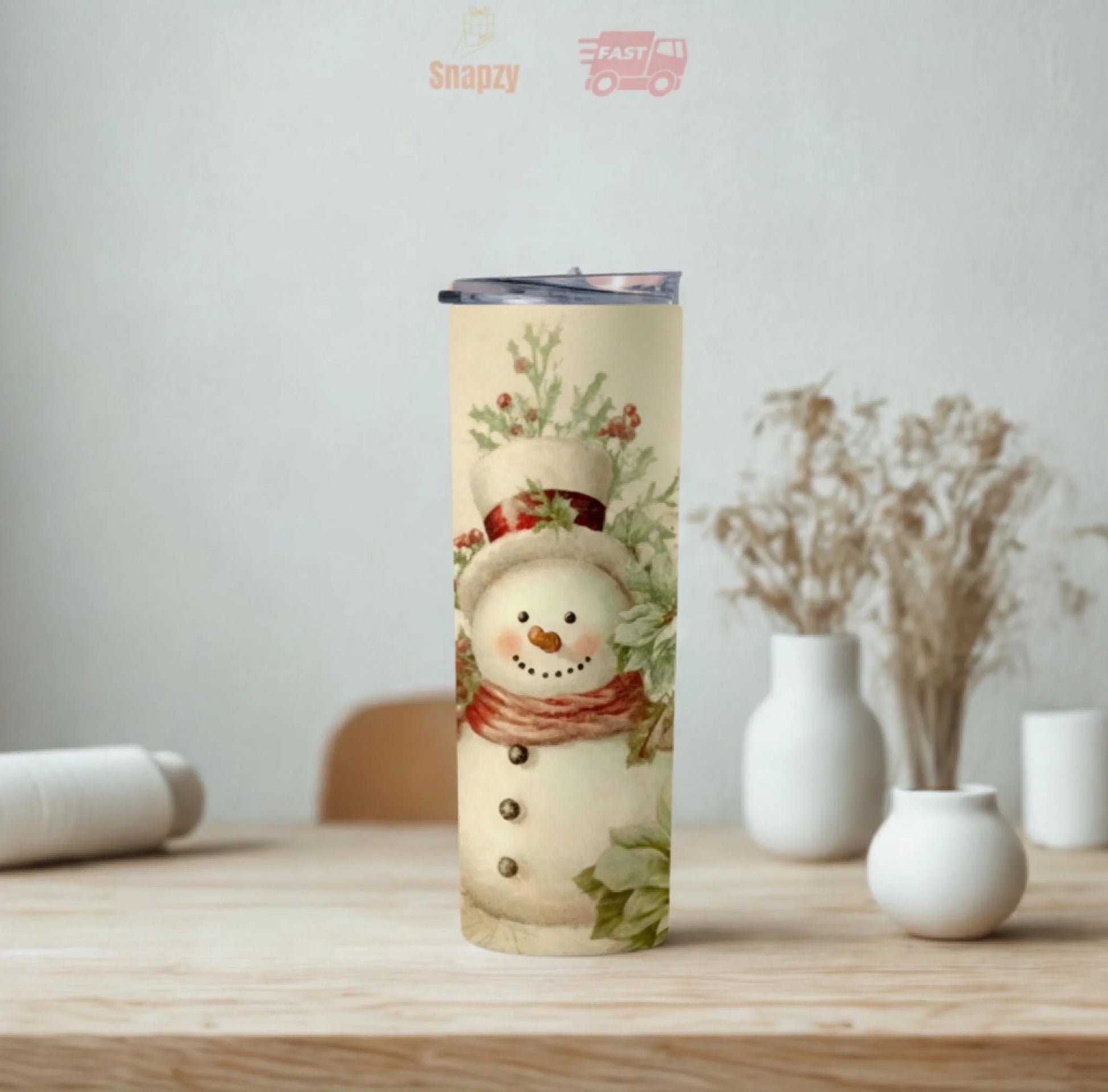 Personalized 20oz skinny tumbler – Christmas | lifestyle scene | custom name available, dishwasher safe, double-wall sta