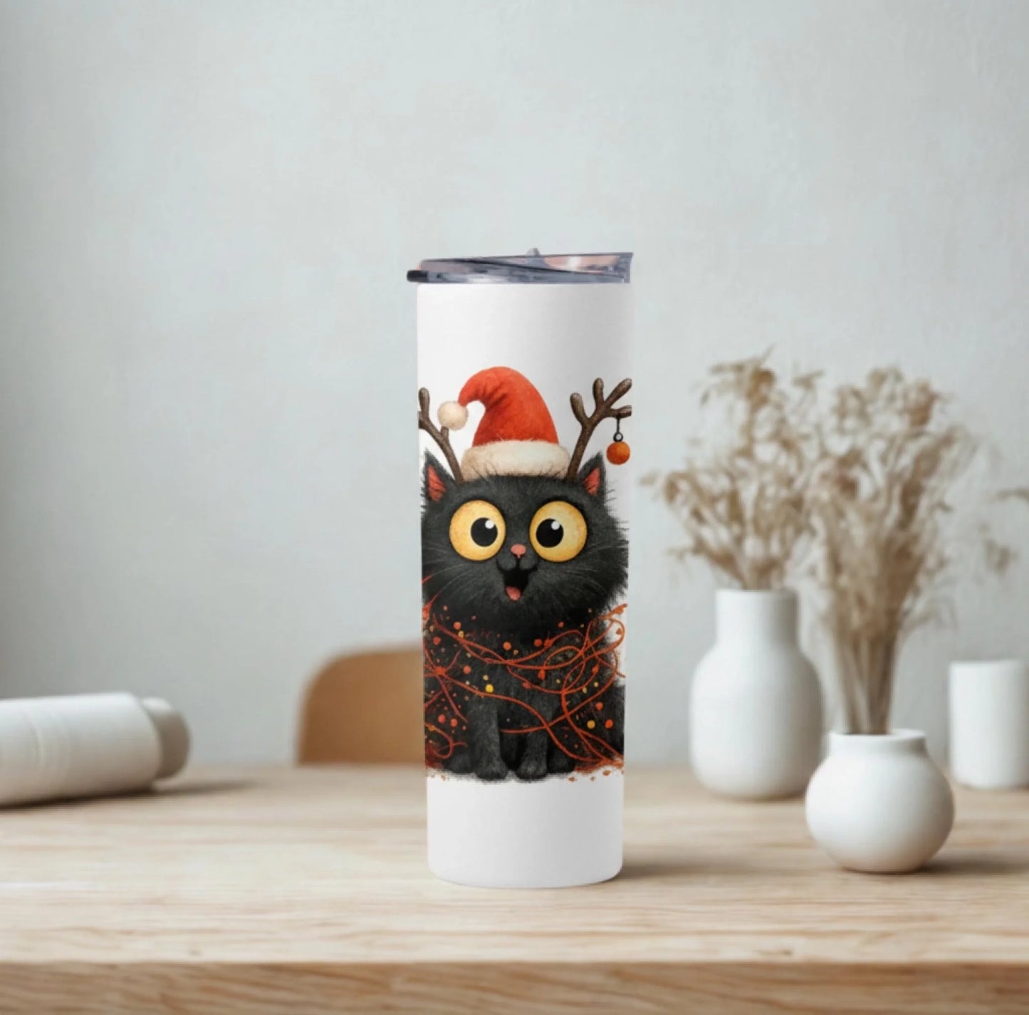 Personalized 20oz skinny tumbler – Christmas | lifestyle scene | custom name available, dishwasher safe, double-wall sta