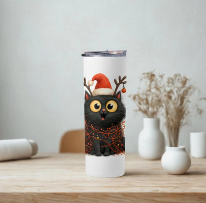 Personalized 20oz skinny tumbler – Christmas | lifestyle scene | custom name available, dishwasher safe, double-wall sta