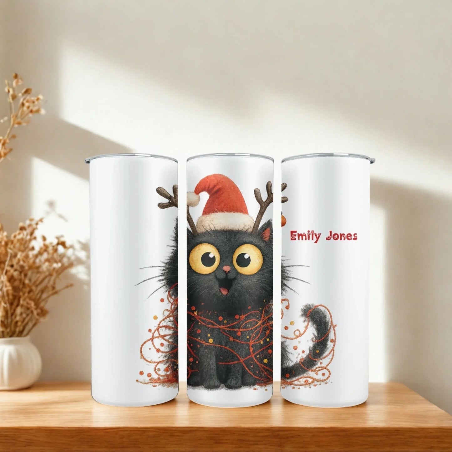 Personalized 20oz skinny tumbler – Christmas | hero view | custom name available, dishwasher safe, double-wall stainless