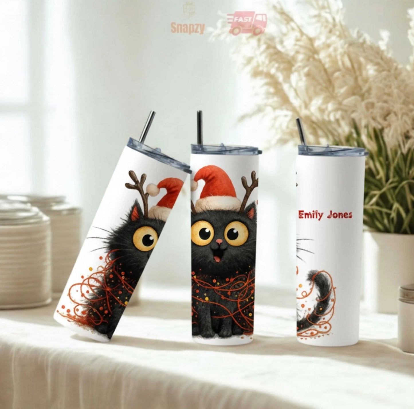 Personalized 20oz skinny tumbler – Christmas | detail view | custom name available, dishwasher safe, double-wall stainle