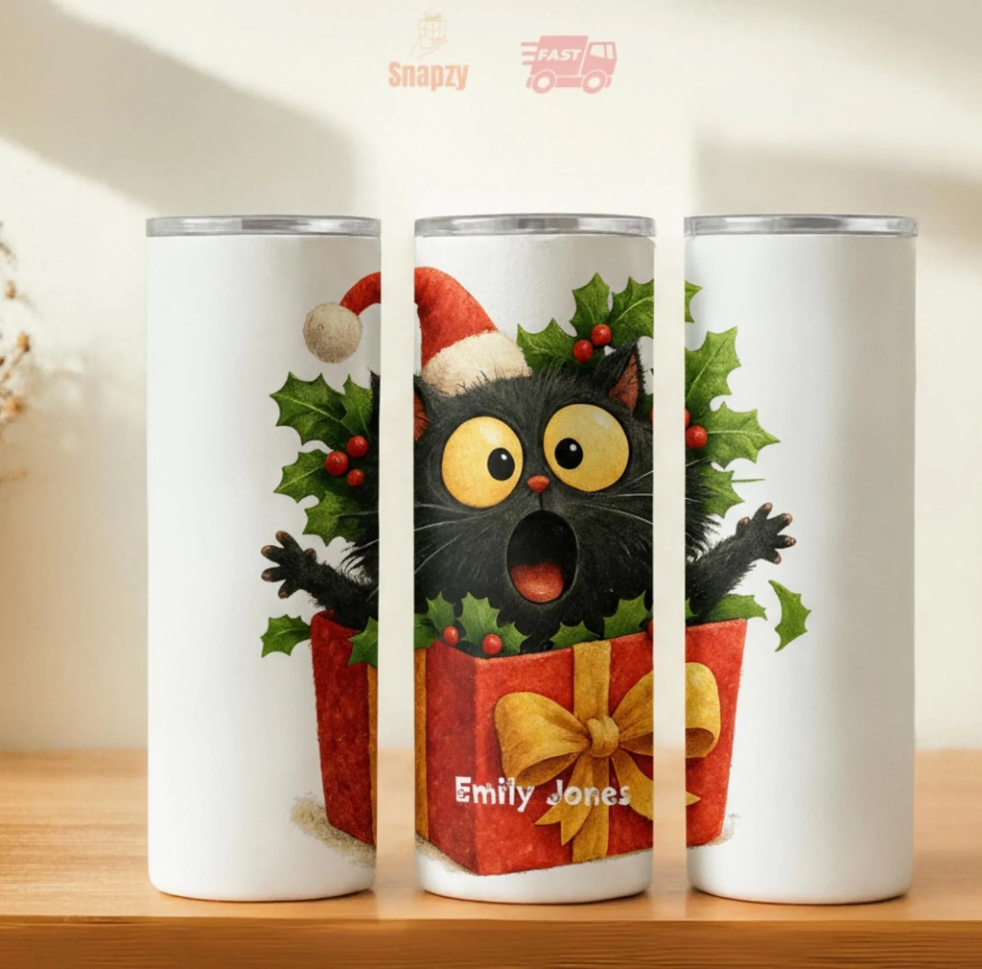 Personalized 20oz skinny tumbler – Christmas | hero view | custom name available, dishwasher safe, double-wall stainless