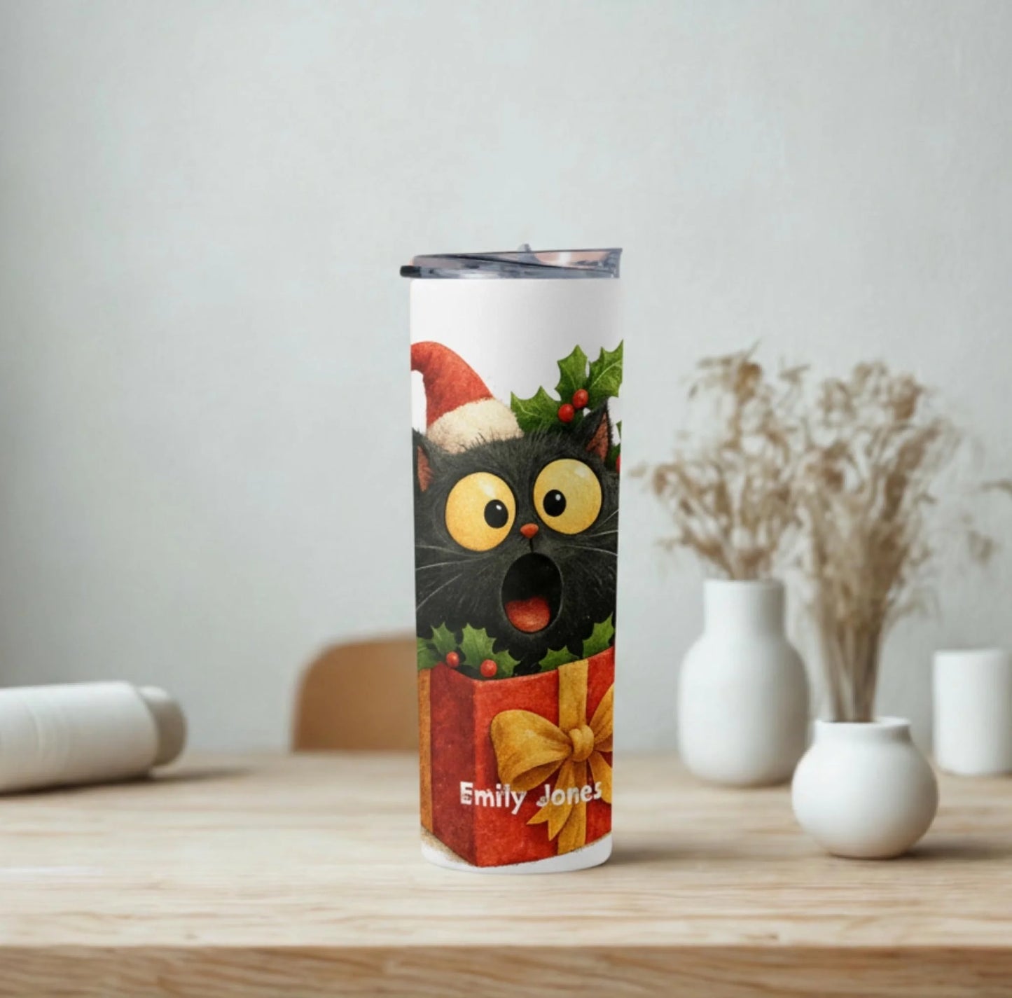 Personalized 20oz skinny tumbler – Christmas | lifestyle scene | custom name available, dishwasher safe, double-wall sta