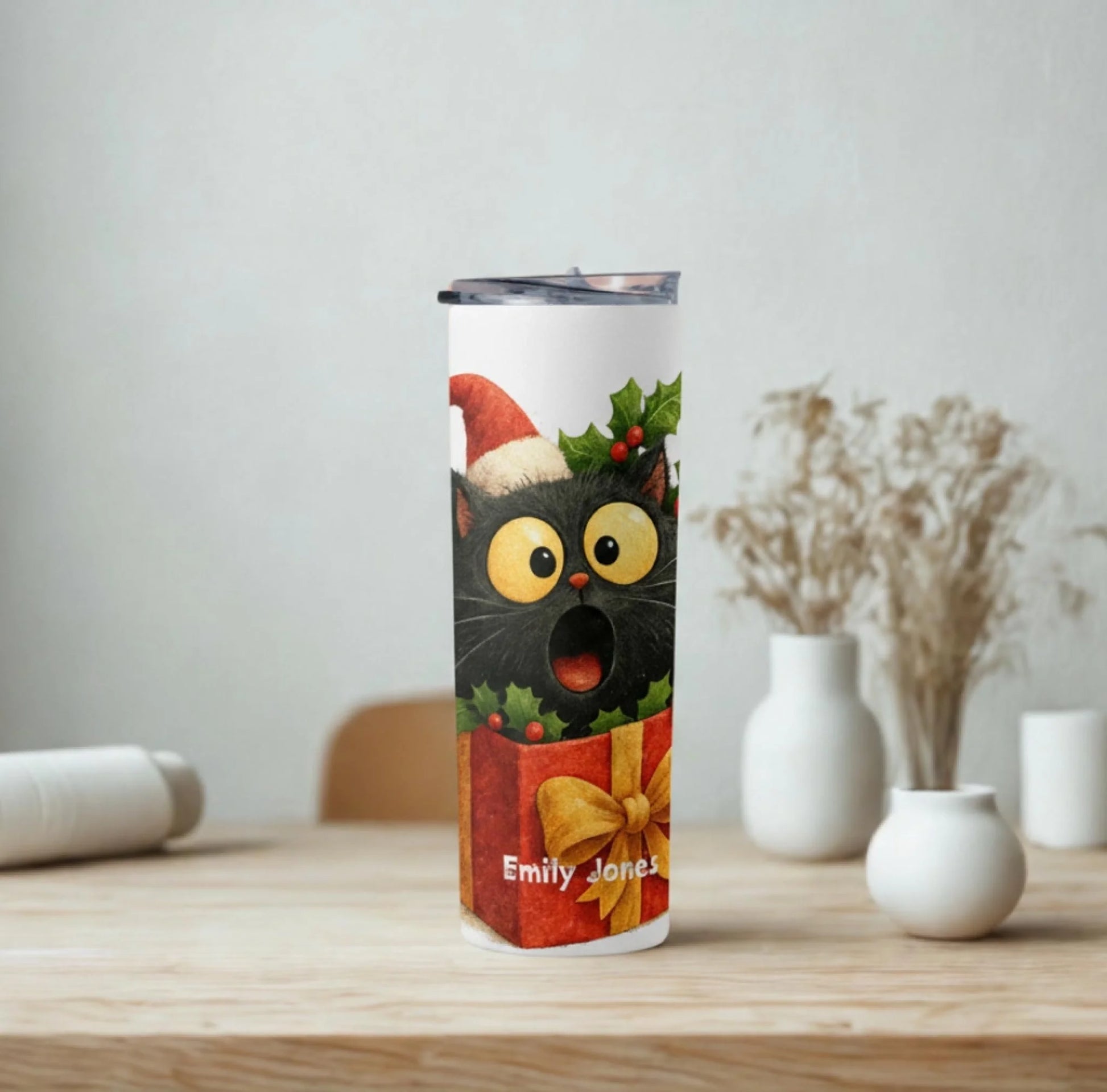 Personalized 20oz skinny tumbler – Christmas | lifestyle scene | custom name available, dishwasher safe, double-wall sta