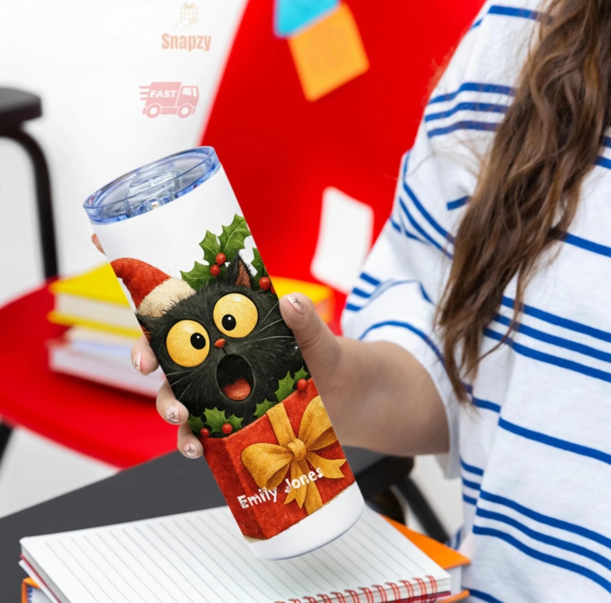 Personalized 20oz skinny tumbler – Christmas | personalization example | custom name available, dishwasher safe, double-