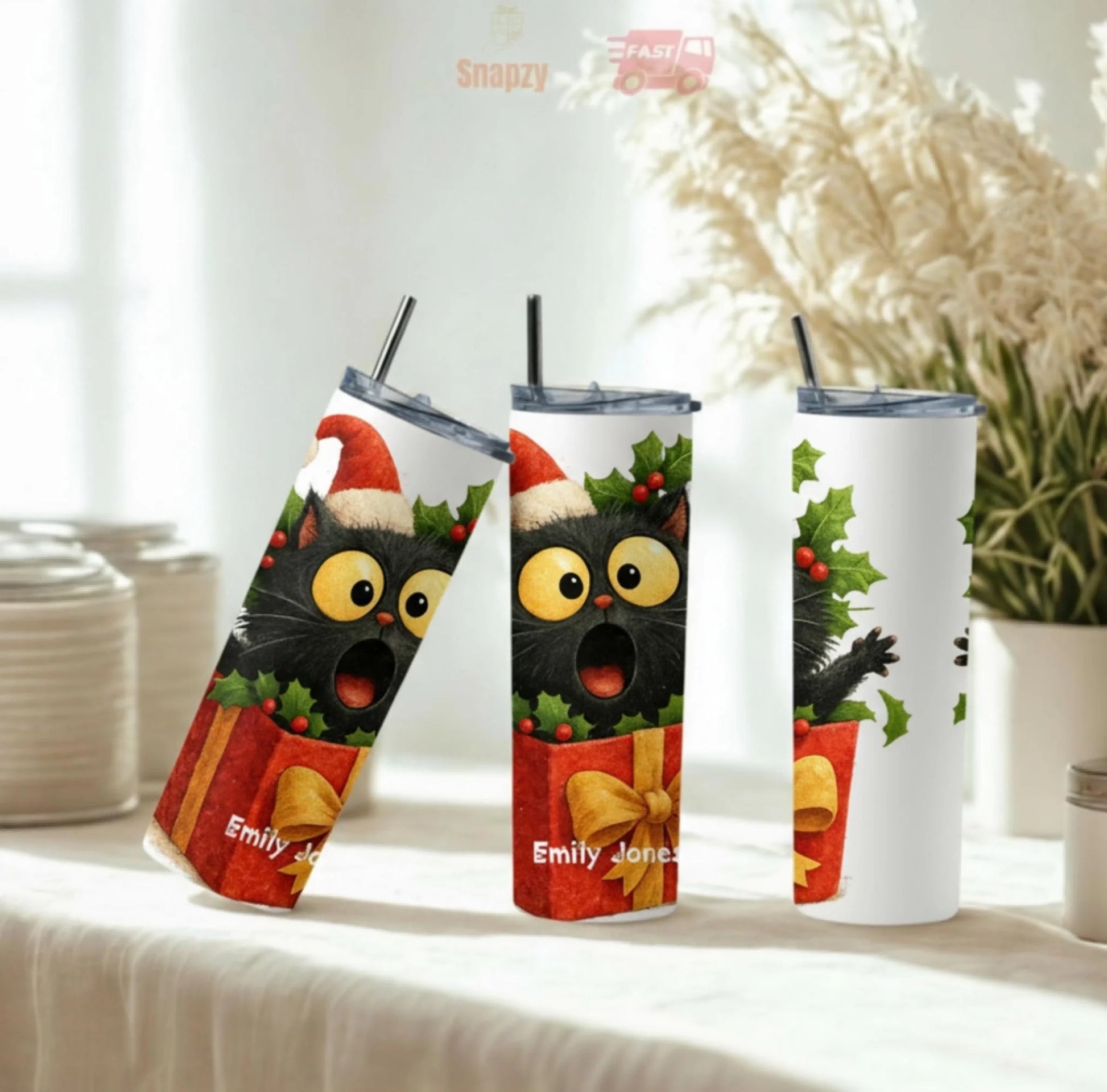 Personalized 20oz skinny tumbler – Christmas | feature highlights | custom name available, dishwasher safe, double-wall