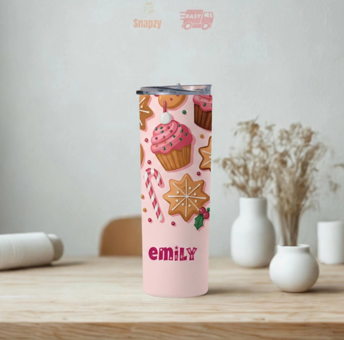 Personalized 20oz skinny tumbler – Personalized | lifestyle scene | custom name available, dishwasher safe, double-wall