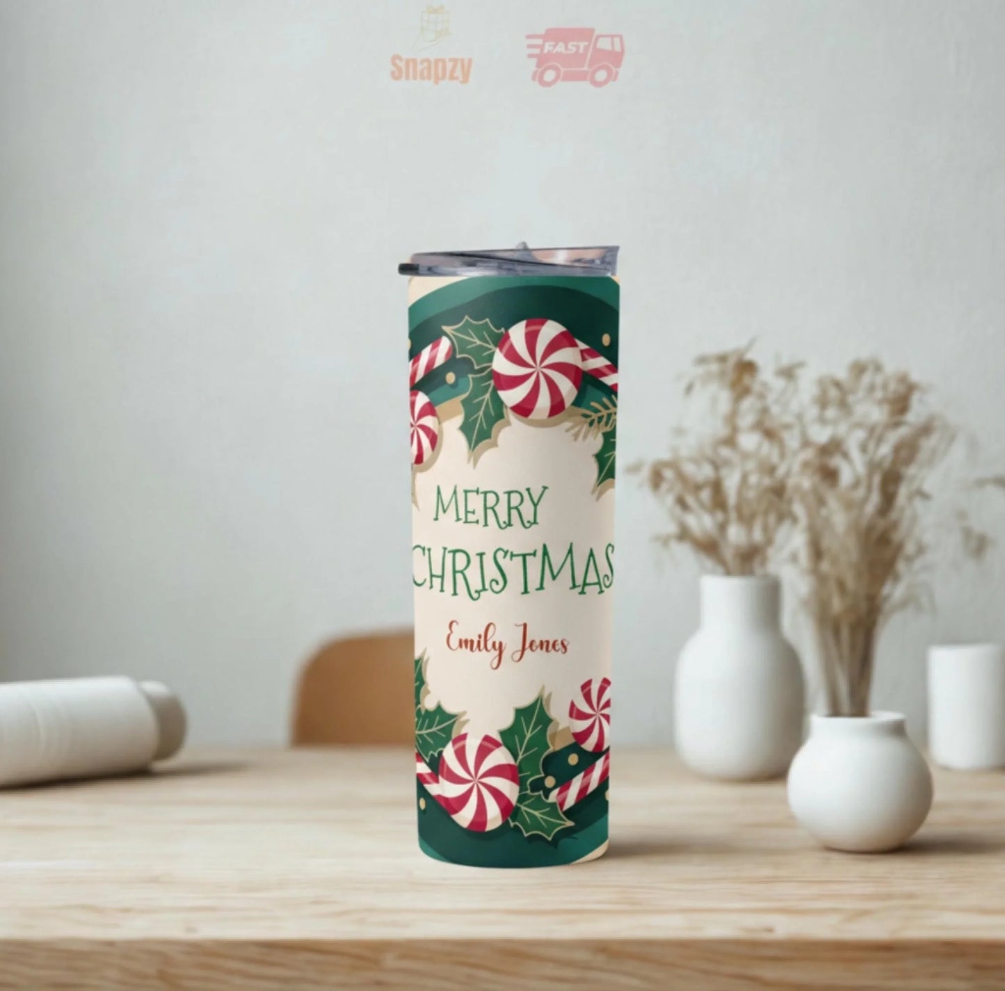 Personalized 20oz skinny tumbler – Personalized | lifestyle scene | custom name available, dishwasher safe, double-wall