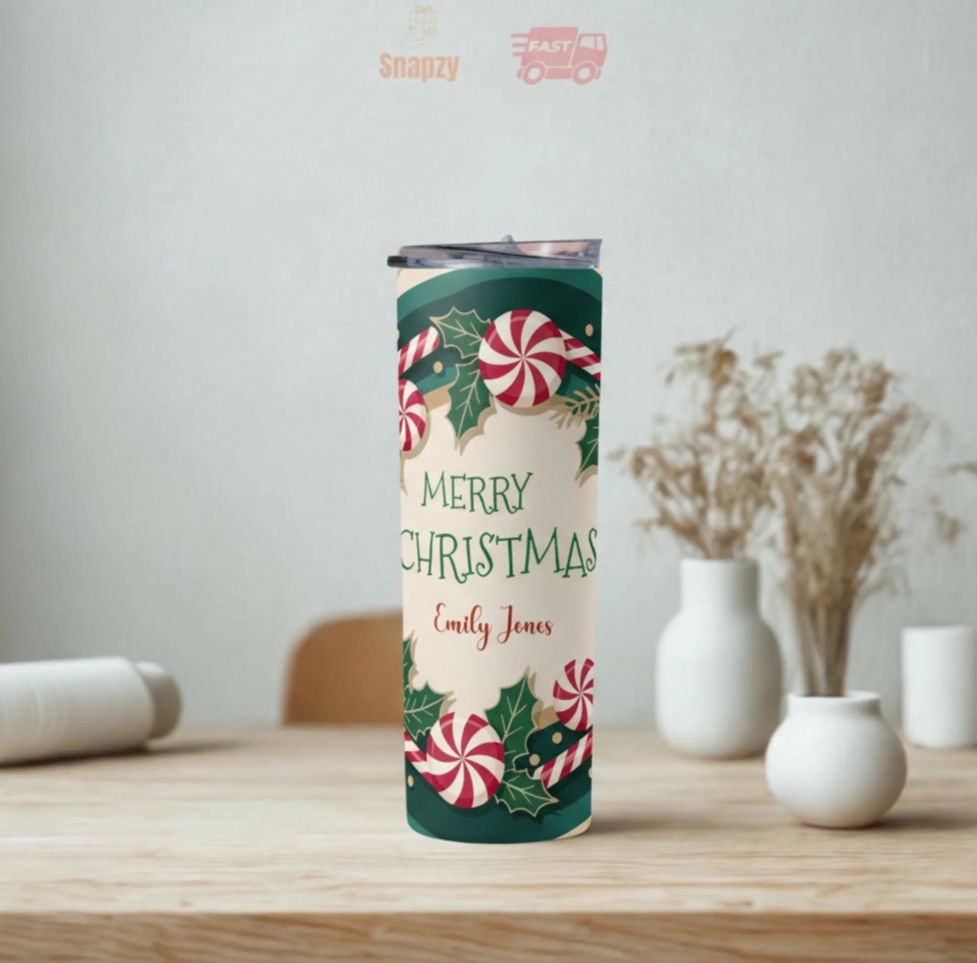 Personalized 20oz skinny tumbler – Personalized | lifestyle scene | custom name available, dishwasher safe, double-wall