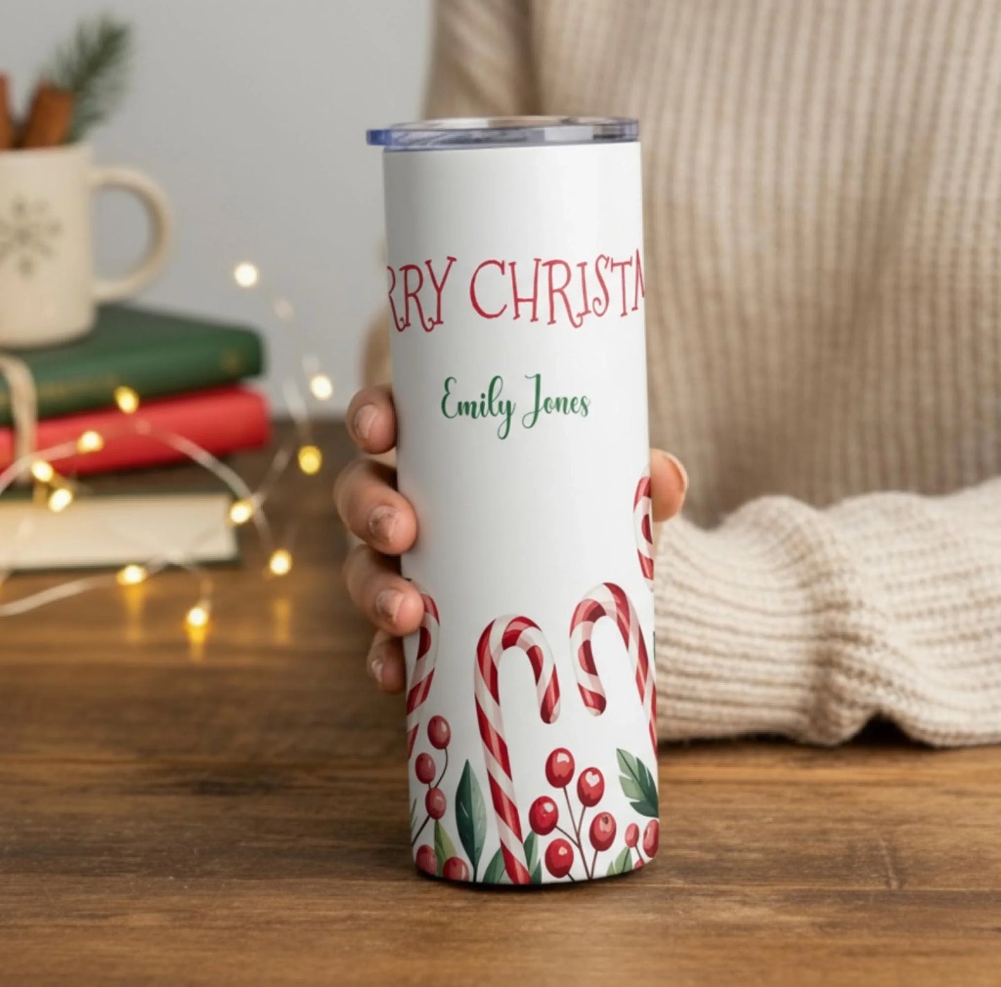 Personalized 20oz skinny tumbler – Personalized | lifestyle scene | custom name available, dishwasher safe, double-wall