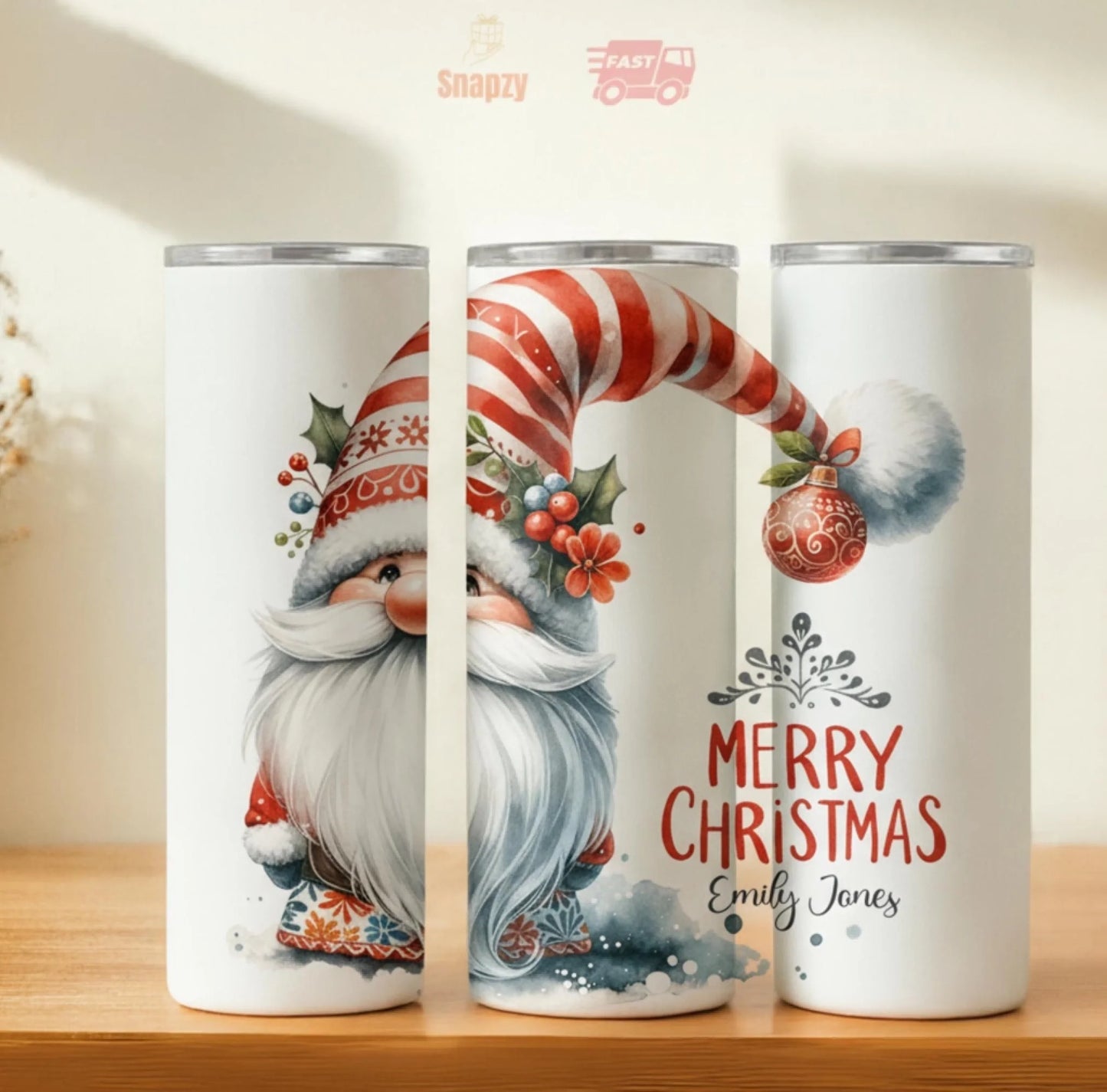 Personalized 20oz skinny tumbler – Christmas gnome | hero view | custom name available, dishwasher safe, double-wall sta