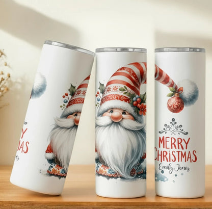 Personalized 20oz skinny tumbler – Christmas gnome | lifestyle scene | custom name available, dishwasher safe, double-wa