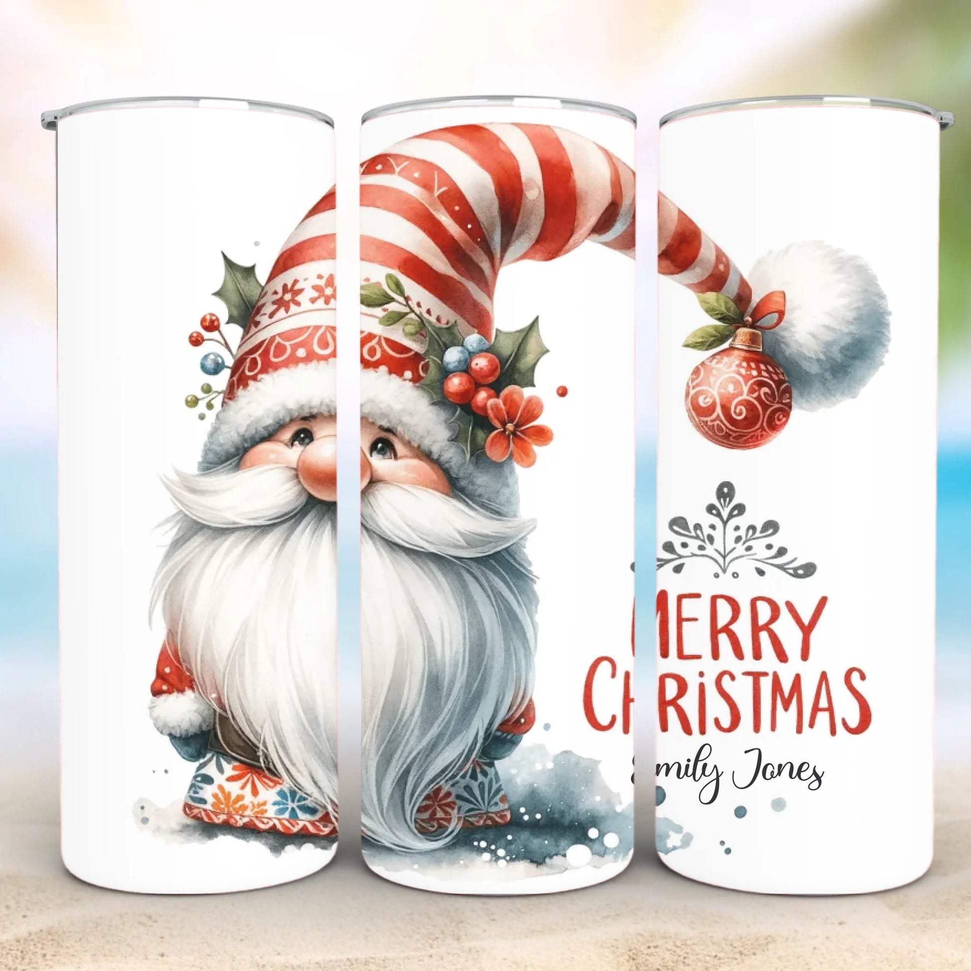 Personalized 20oz skinny tumbler – Christmas gnome | detail view | custom name available, dishwasher safe, double-wall s