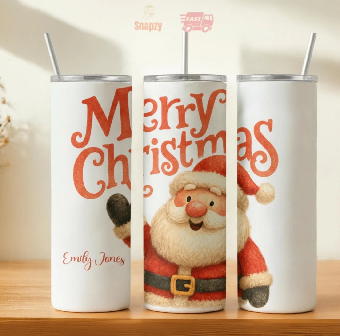 Personalized 20oz skinny tumbler – Christmas | hero view | custom name available, dishwasher safe, double-wall stainless