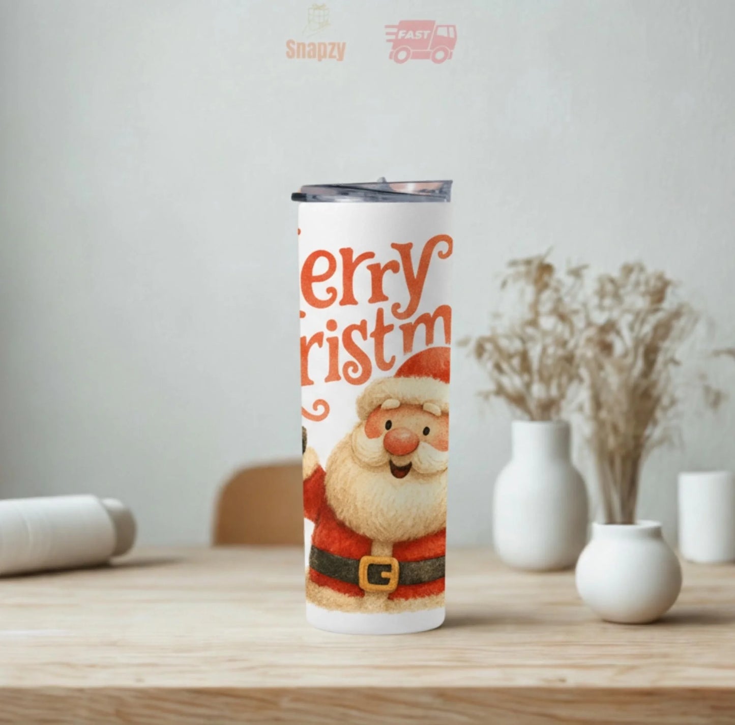 Personalized 20oz skinny tumbler – Christmas | lifestyle scene | custom name available, dishwasher safe, double-wall sta