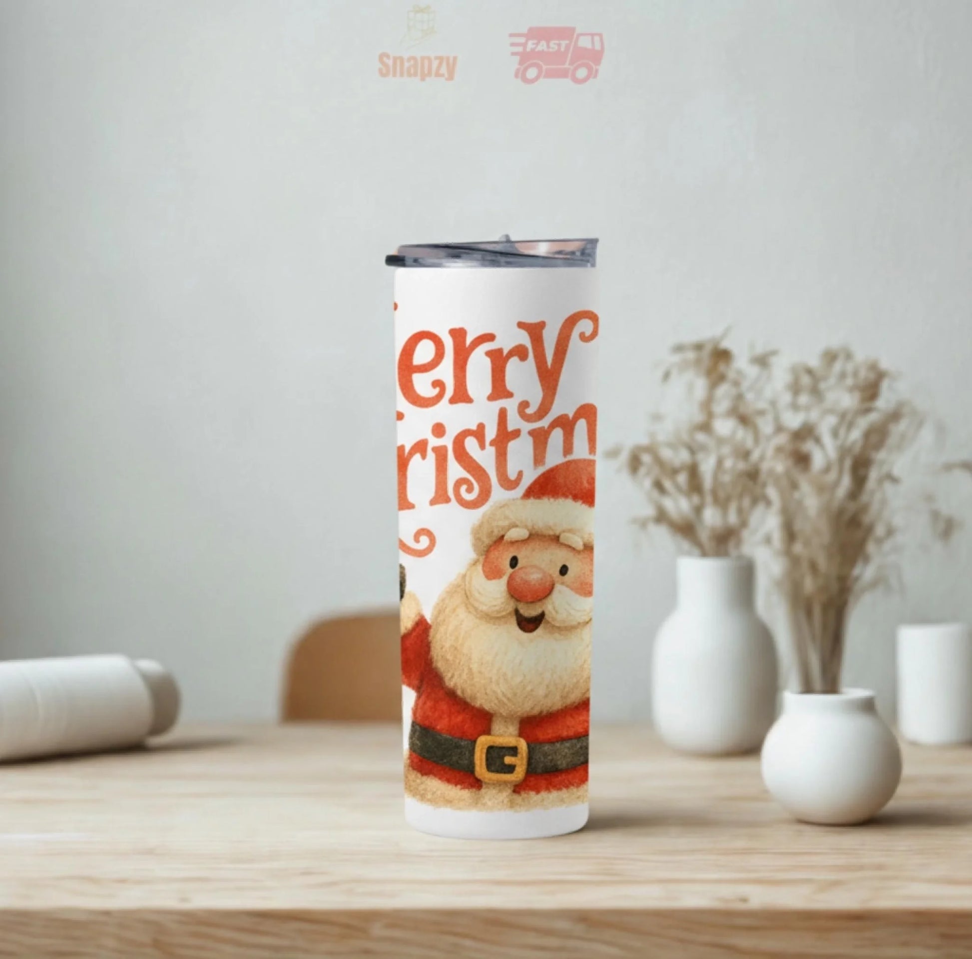 Personalized 20oz skinny tumbler – Christmas | lifestyle scene | custom name available, dishwasher safe, double-wall sta