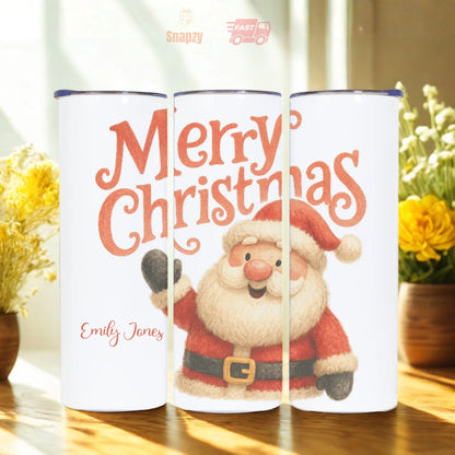 Personalized 20oz skinny tumbler – Christmas | detail view | custom name available, dishwasher safe, double-wall stainle