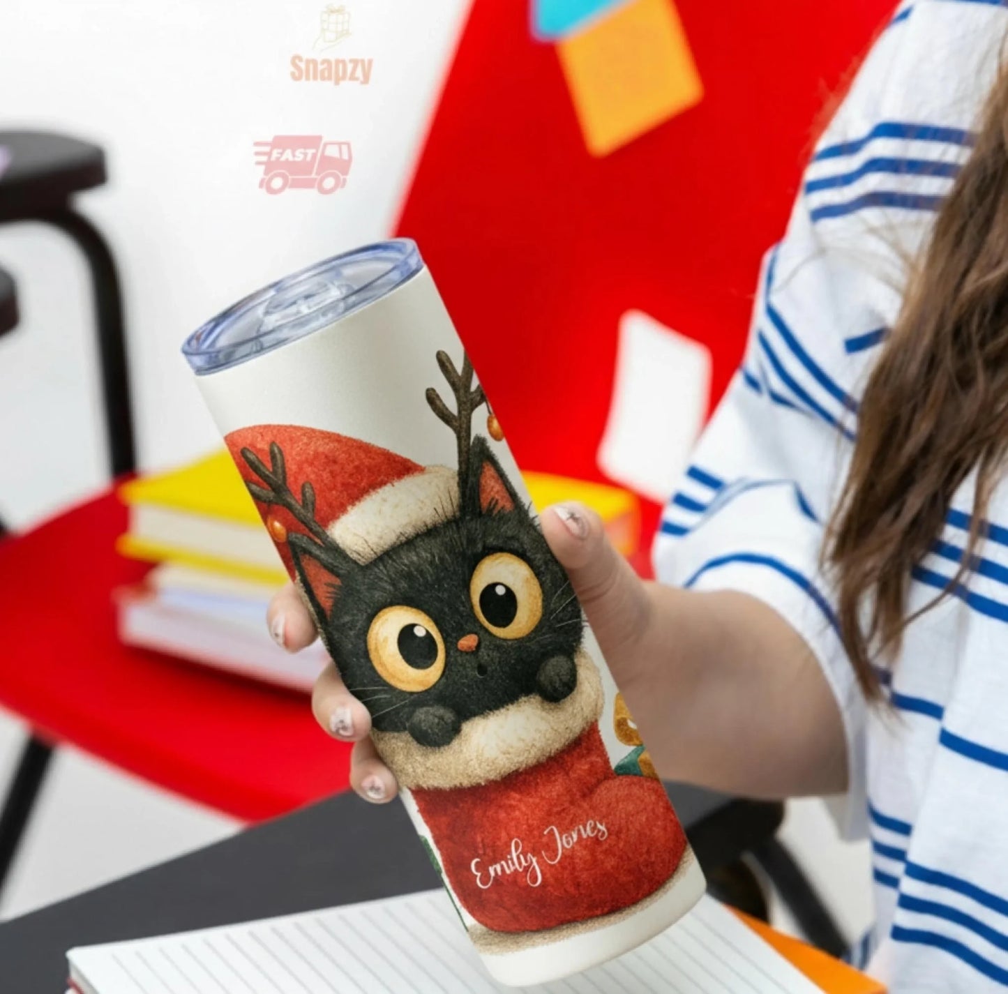 Personalized 20oz skinny tumbler – Christmas | detail view | custom name available, dishwasher safe, double-wall stainle