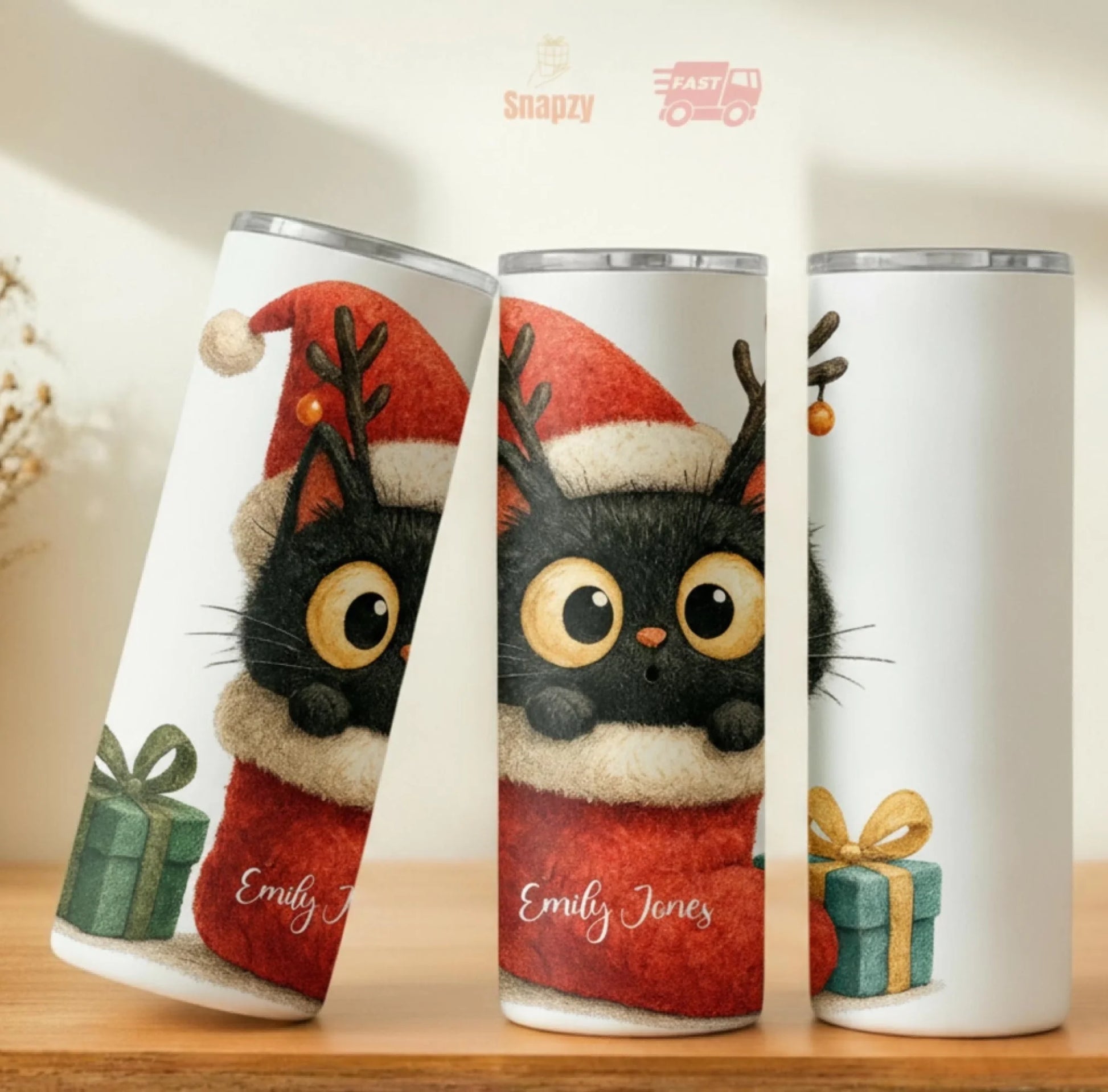 Personalized 20oz skinny tumbler – Christmas | lifestyle scene | custom name available, dishwasher safe, double-wall sta