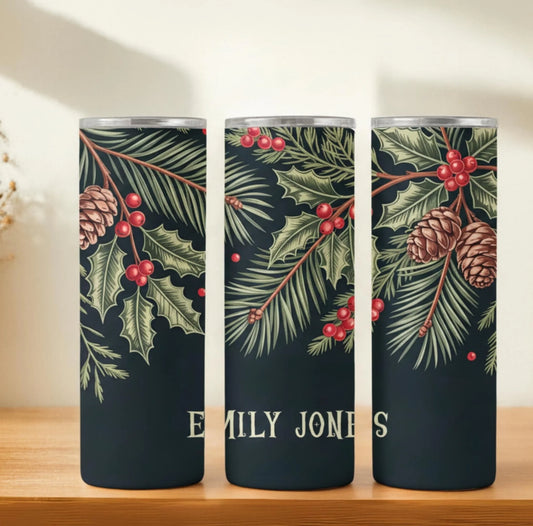 Personalized 20oz skinny tumbler – Christmas | hero view | custom name available, dishwasher safe, double-wall stainless
