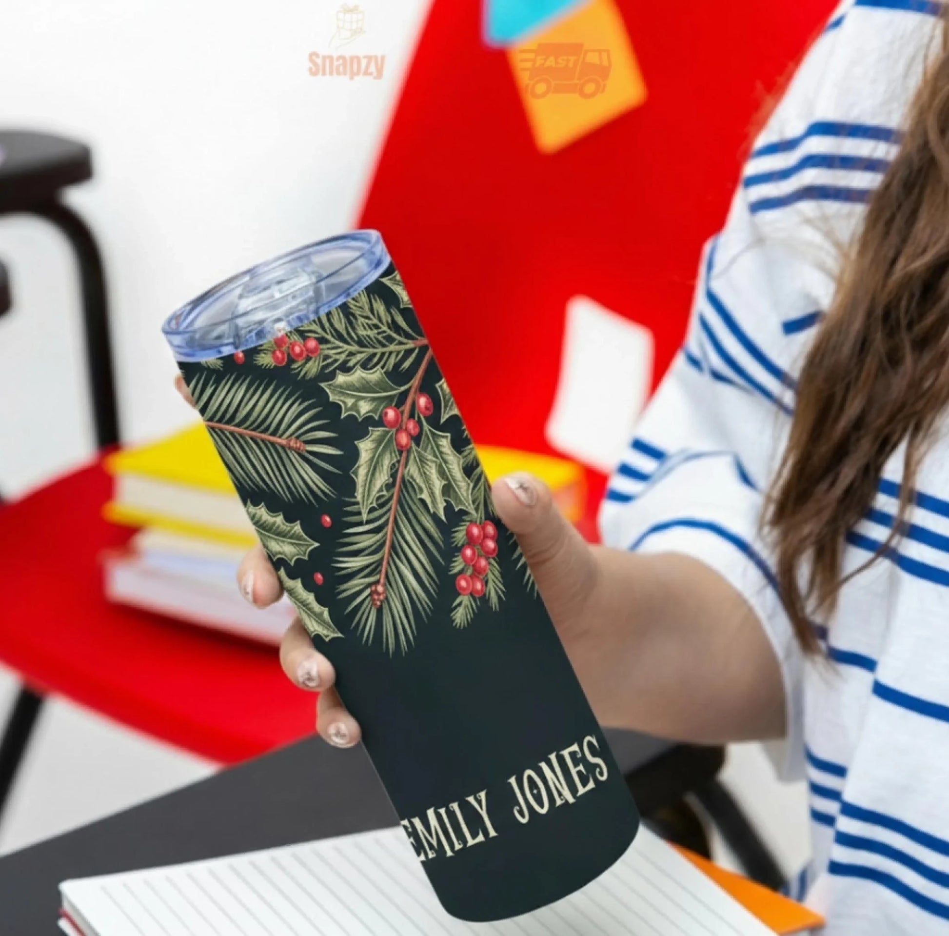 Personalized 20oz skinny tumbler – Christmas | personalization example | custom name available, dishwasher safe, double-