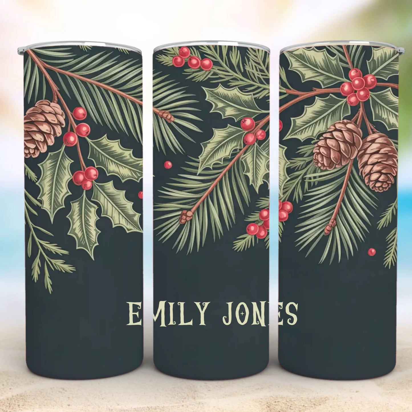 Personalized 20oz skinny tumbler – Christmas | detail view | custom name available, dishwasher safe, double-wall stainle