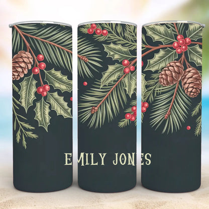 Personalized 20oz skinny tumbler – Christmas | detail view | custom name available, dishwasher safe, double-wall stainle